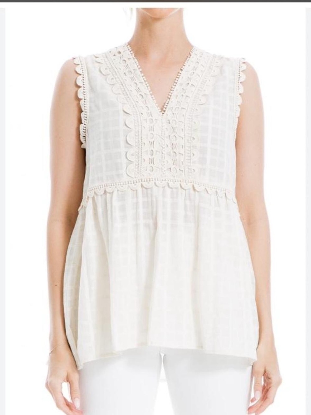 Max Studio Cream Sleeveless V-Neck Crochet Trim Top